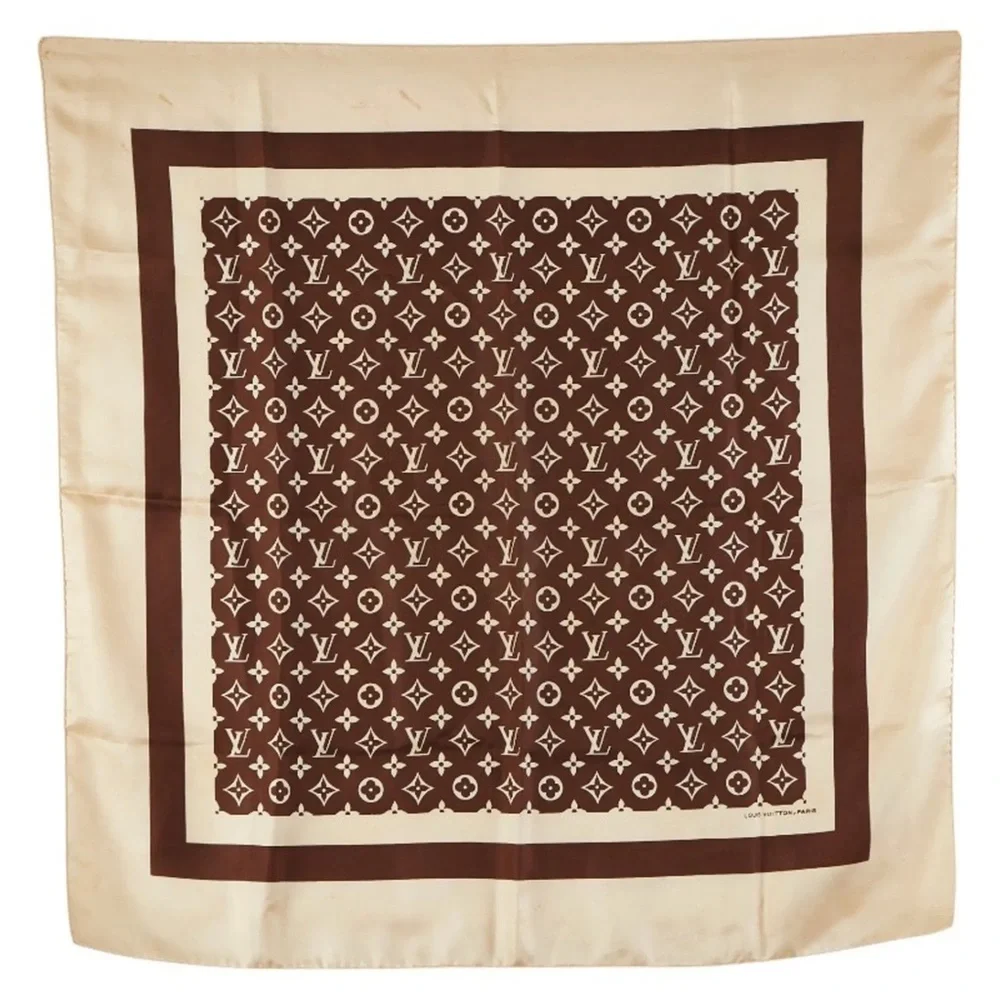 RARE VINTAGE LOUIS VUITTON Brown and Beige LV Monogram Silk Scarf - Picture 2 of 8